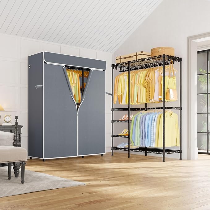 F2C Clothes Rack with Cover, Clothing Racks for Hanging Clothes, Heavy Duty Garment Rack with Shelves and Hanger Rods, Black Closet with Gray Cover, 47.2" W x 16.5" D x 78.3" H, Load 630lbs