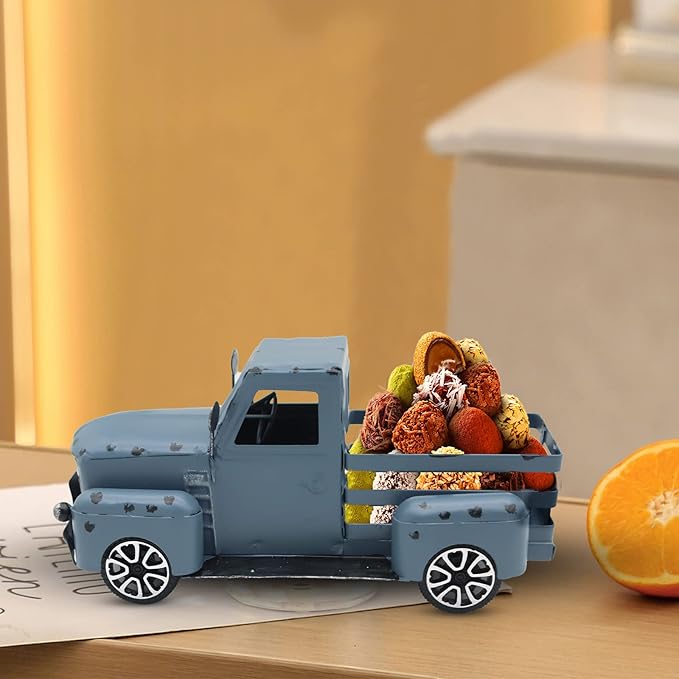 Blue Truck Decor Metal Small Cute Farm Car Decor Vintage Tree Flowers Handcrafted Decor Blue Metal Car Gift Boxes Pickup Truck Model