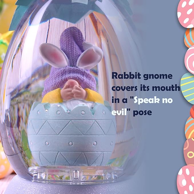 Gnome Easter Snow Globe, Easter Bunny Snow Globe Eggs Spring Decor with Swirling Glitter, 6H Timer, USB or Battery Powered, Speak No Evil Gnome Snowglobe for Tabletop Decor Gift 7.4 Inch (Blue)