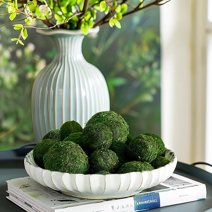 Biubee 18 Pack Decorative Faux Dried Moss Balls- 6pcs 3.1" Artificial Green Plant Mossy Globes+ 12pcs 2.2" Handmade Sphere Moss Gift for Home Dough Bowl Vase Chinoiserie Decors Party Wedding Display