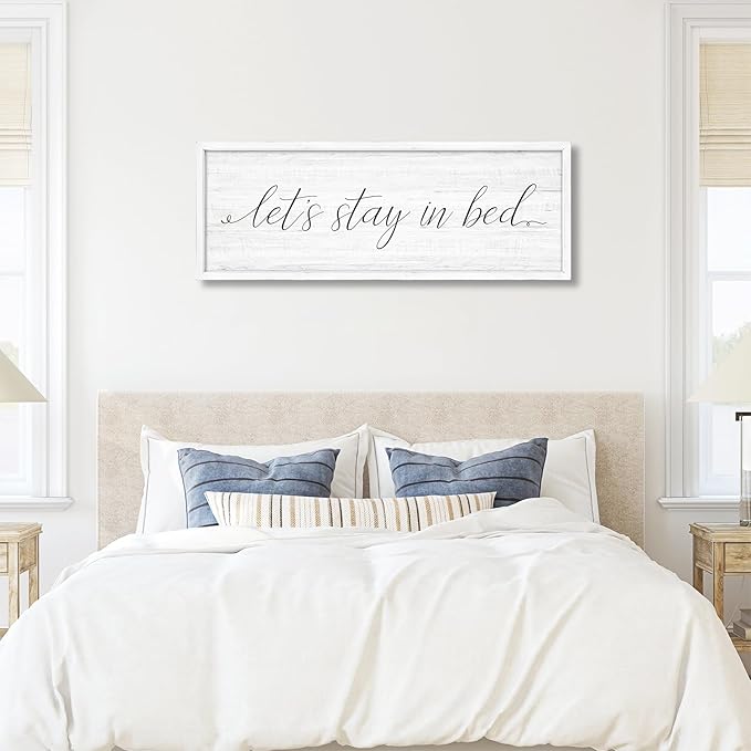 Lets Stay in Bed Wall Decor Above Bed 41.3''×15'' Large Farmhouse Wall Decor for Bedroom Guest Room Decor Framed Wood Wall Art Rustic Master Bedroom Wall Decoration (white frame)
