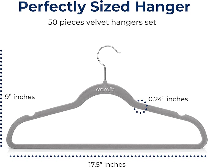 SereneLife 50 Pack Velvet Hangers - Non-Slip, 360° Swivel Hook - Ultra-Thin, Lightweight Velvet Hangers for Shirts, Sweaters, Hoodies, Kids Clothes & Dresses - Space-Saving