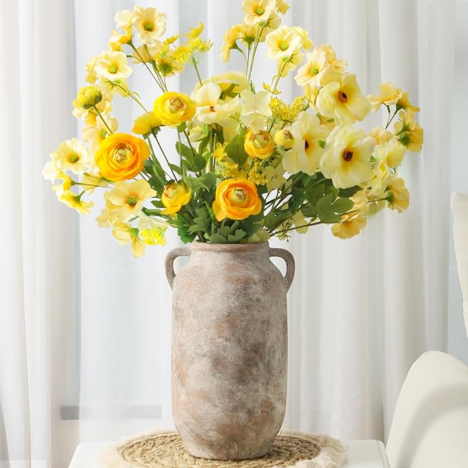 Large Flower Vase Home Decor - 12 inch Tall Ceramic Farmhouse Rustic Table Vases with Handle Living Room Decoration Decorative Modern Vintage for Floor Kitchen Shelf Coffee Dining Desk Fireplace