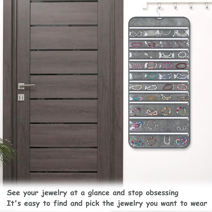 2 Pack Zippered Pocket Hanging Jewelry Organizer Dual-Sided Zipper Jewelry Holder Hanging Storage Organizer for Holding Earrings Bracelets Rings, Each with 80 Zippered Pockets