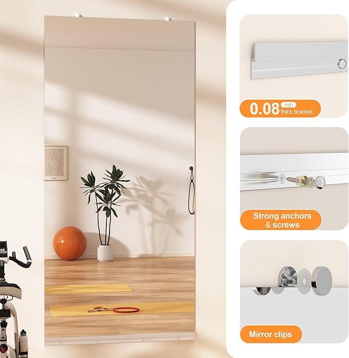 Hasipu Home Gym Mirror, 71"x32" Each, 1-Pack Frameless Wall Mounted Mirrors with Glass Clamps & 1 Aluminum Rail, Large Body Mirror for Home Gym, Yoga Studio, Bedroom, Silver Tempered Glass