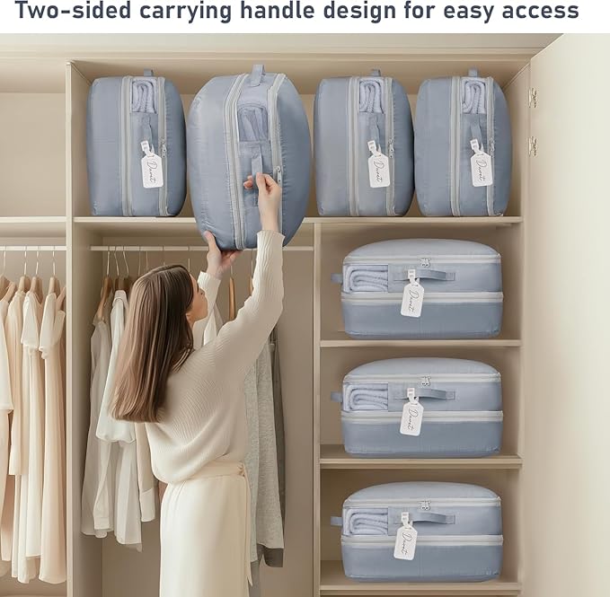 DIMJ Compression Storage Bags 8 Pack - Blanket Storage Bags with Window Zipper, Ultra Space Saving Self Compression Organizer for Puffer Jacket, Bedding, Lightweight Comforter Duvet, Sweater, Sheet