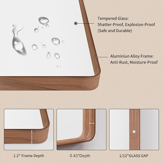 LOAAO 60X28 Inch Bathroom Mirror with Wood Grain Colored Metal Frame, Rounded Rectangle Metal Framed Bathroom Mirror, Anti-Rust, Hangs Horizontally or Vertically, Tempered Glass