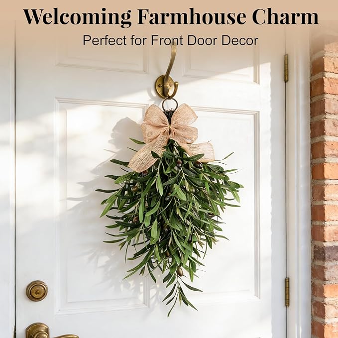 Artificial Olive Teardrop Swag Wreath for Front Door - 22 Inch Faux Greenery Wall Decor with Burlap Bow - Farmhouse Olive Branch Swag for Indoor Kitchen Entryway Wedding Arch