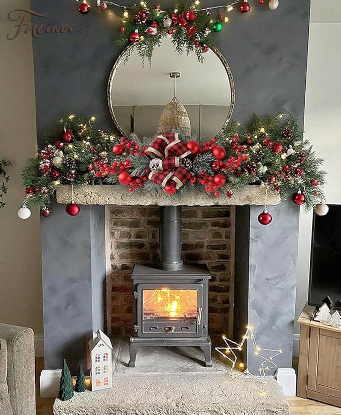 FACINOC 24" Artificial Christmas Swag for Front Door Decorative Xmas Swags with Red Berries Pine Cones Bow Festive Decorations for Mantle Wall Indoor Outdoor Holiday Home Decor (Red 1 PCS)