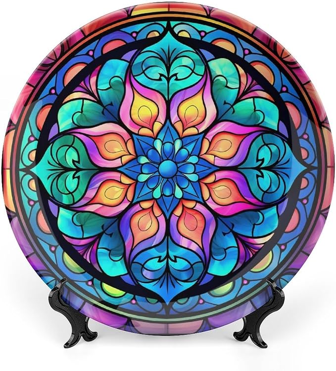 Decorative Plates for Wall Hanging, Abstract Iridescence Floral Stained Glass Design Ceramic Plate w/Display Stand, Home Decor for Kitchen Cabinets, Round Tray 7 Inch, Gift for Family Friends