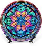 Decorative Plates for Wall Hanging, Abstract Iridescence Floral Stained Glass Design Ceramic Plate w/Display Stand, Home Decor for Kitchen Cabinets, Round Tray 7 Inch, Gift for Family Friends