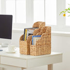 BROWNLILY Water Hyacinth Magazine Holders with Scalloped Edge - Natural Handwoven Rattan Storage Baskets Set of 2 (Large & Small) for Books, Home Office Decor
