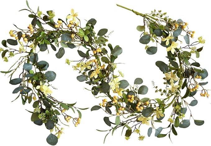 6FT Artificial Eucalyptus Garland, Spring Greenery Garland with Berries and Wildflowers for Home Table Mantle Wedding Festival Indoor Outdoor Decor