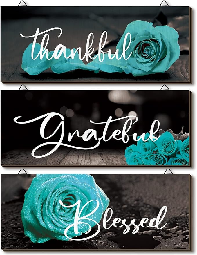 Hillban 3 Pieces Rose Wooden Wall Decor Rose Bathroom Decor Thankful Grateful Blessed Accessories Inspirational Wall Art Signs for Living Room Kitchen Wedding(16 x 6 Inch,Teal)