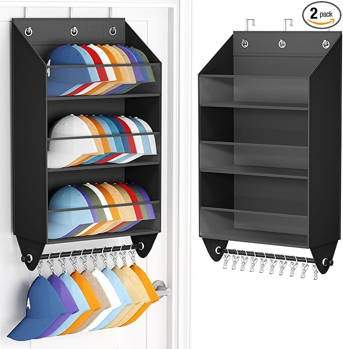 Over the Door Hat Rack - 3-Layer Design Hat Organizer Holds 30-36 Hats with 10 Hooks, Ideal Hat Rack for Door, Over the Door Organizer for Closet, Apartment, Bedroom, Dorm, 2 Pack, Black