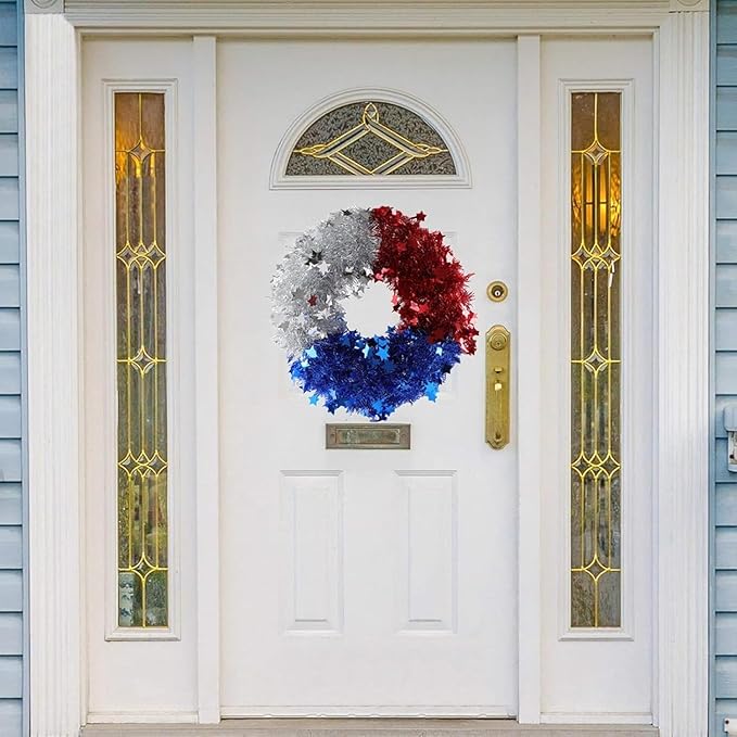 Patriotic Wreath for Front Door Red White Blue Wreath 4th of July Wreaths for Door Wall Memorial Day Decor Independence Day Hanging Decoration for Outside Home Farmhouse Holiday (Shiny B)