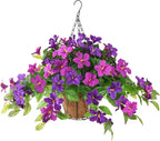 Homsunny Artficial Fake Hanging Flowers Plants with Baskets, 3PCS Silk Faux Outdoor Flowers UV Resistant Real Touch Plastic Flowers for Spring Garden and Home Patio Yard Decor (Light Purple Red)