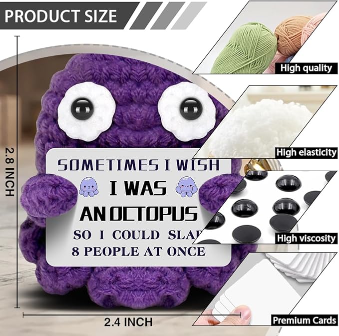 Mini Octopus Emotional Support Crochet with Funny Card, Birthday Gifts for Friends Besties Colleague Purple Octopus Home Office Desk Decor