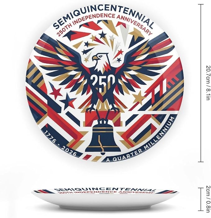 250th Anniversary Decorative Plates 8 Inch Eagle Liberty Bell Patriotic Decorations Commemorative Plates with Stand Independence Day 4th of July Semiquincentennial Decor