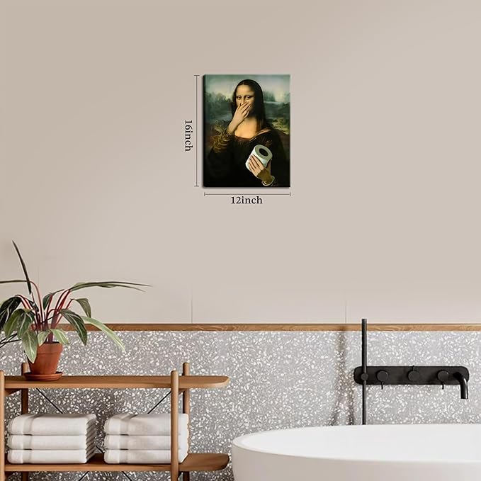 Funny Mona Lisa Canvas Wall Art for Bathroom Decor, Vintage Humor Amusing Toilet Art, Mona Lisa Classical Painting Picture, Whimsical Poster Print Bathroom Wall Decor for Home Decoration 12x16 inch