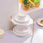 2-Tier Expandable Bamboo Corner Shelf - Dish/Plate Organizer for Cabinet, Kitchen Counter Shelf & Small Kitchen Shelf, Adjustable (6.7" H-White, 2-Tier)