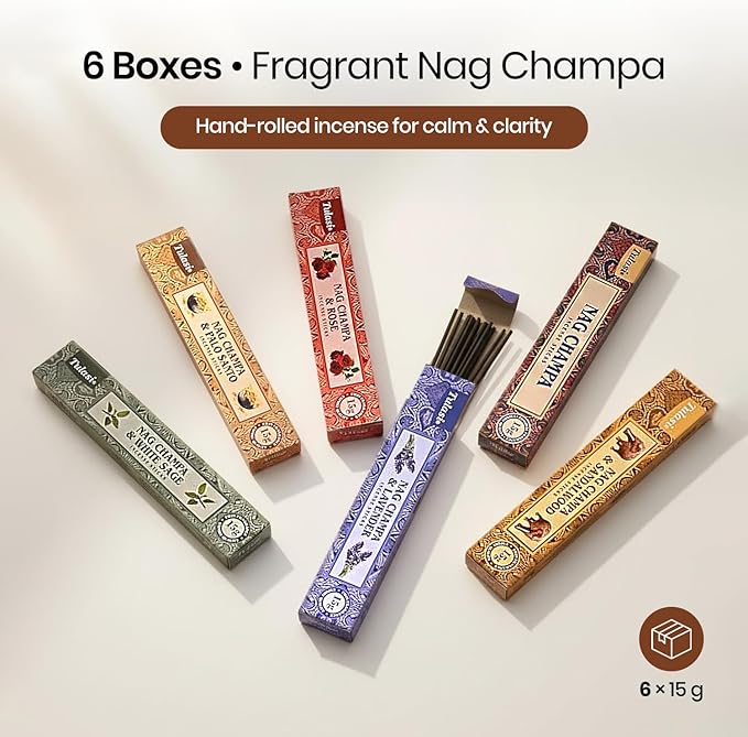 Tulasi Nag Champa Incense Sticks Gift Pack of 6, Hand Rolled Fragrance Incense Sticks for Aromatherapy, Relaxing, Yoga, Meditation, Prayer, Agarbatti Stick with Natural Oils, (15gm x 6)