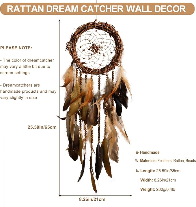 Dream Catcher Native American Boho Dreamcatcher Rattan Wall Decor, Handmade Natural Goose Feathers Brown Golden Beaded Hanging Ornament Indian Decor for Bedroom Living Room (Dark Brown)