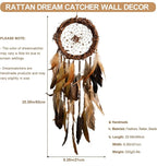 Dream Catcher Native American Boho Dreamcatcher Rattan Wall Decor, Handmade Natural Goose Feathers Brown Golden Beaded Hanging Ornament Indian Decor for Bedroom Living Room (Dark Brown)