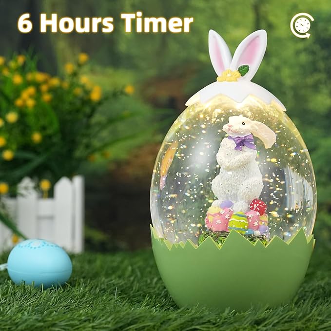 Easter Bunny Decor Snow Globe with 6-Hour Timer, Glittering Rabbit with Egg Lantern, USB/Battery Operated, Spring Home Decor for Office Party Decoration, Green