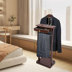 Mens Valet Stand, Freestanding Suit Clothes Valet Stand with Tray, Tie Bar, Drawer and Shoe Rack for Office Living Room, 17.32 * 11.81 * 44.09in (Natural wood color)