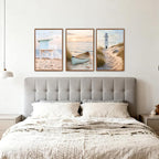 KAlRNE Coastal Ocean Wall Art Set of 3(16’’X24’’),Framed Pastel Canvas Prints with Lighthouse & Boat Paintings, Neutral Coastal Scenery Pictures for Living Room Bedroom, Large Beach Wall Art Framed