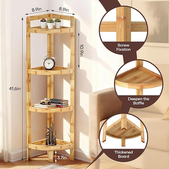 2026 New Bamboo Standing Shelf, 4 Tier Corner Shelf Stand, Free-Standing Shelf Units, Triangular Curved Corner Shelf Stand for Space-Saving Display Ideal for Bathroom/Kitchen/Living Room Storage
