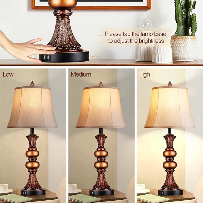 Set of 2 Touch Control Traditional Table Lamp, 27"H Bedside Lamps with 2 USB Charging Ports, 3-Way Dimmable Bronze Finish Large Nightstand Lamps with Bell Faux Silk Shade for Living Room, Bedroom