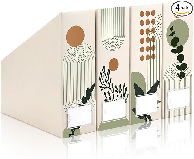 AmazingSpark Set of 4 Boho Plant Magazine Holder Decorative Foldable Magazine Storage Boxes with Acrylic Label Holders Coquettish Boho Organizer for Office Home Organization Storage