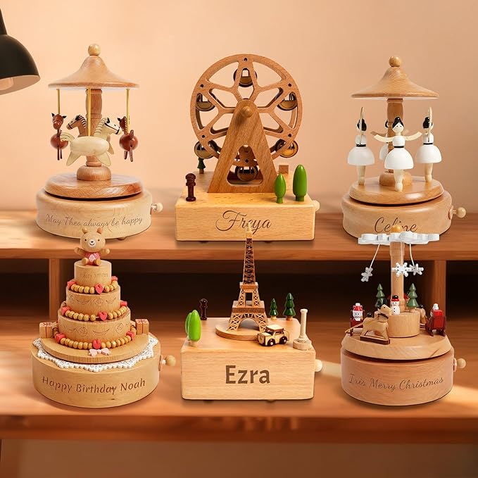 Personalized Wooden Carousel Music Box - Custom Name Gift for Friends, Birthday Christmas Valentine's Day Gift Home Decoration | Hand-Cranked Rotating Music Box
