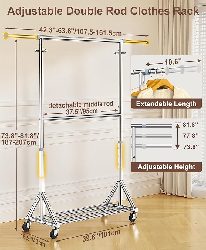 100% Stainless Steel Heavy Duty Clothes Rack Load 860 LBS, 2-Tier Rolling Garment Rack with Wheels, Adjustable Double Rod Clothing Rack for Hanging Clothes, Commercial Closet Rack for Coat Storage