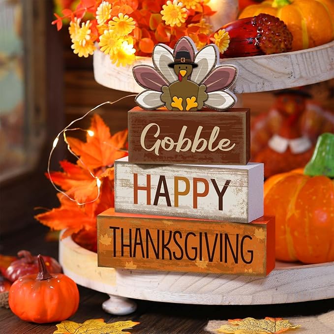 Lineshading 4 Pcs Fall Decorations for Home Wooden Turkey Decor Thanksgiving Table Centerpiece Fall Tiered Tray Decor Rustic Wooden Turkey Block Sign for Autumn Harvest Party Table Kitchen Shelf