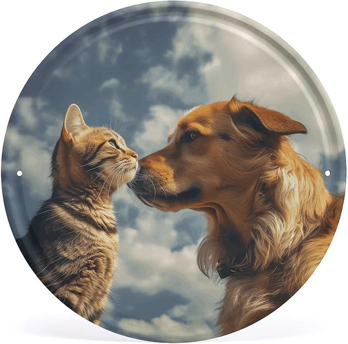 Wall Picture, with Dog and Cat Face to Face Printed Circular Iron Hanging Picture,Wall Art Decor,Home for Bedroom Living Room Bathroom Decor,Iron Painting 11.8X11.8 in