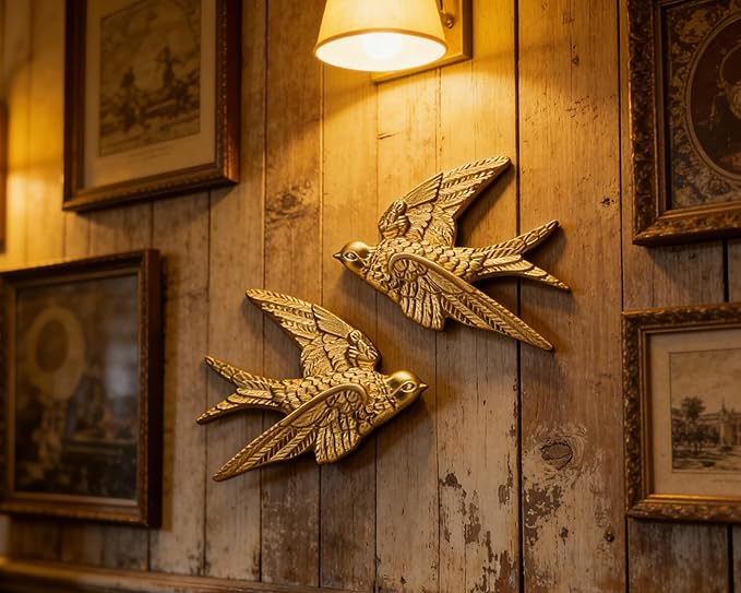 AMOIENSIS Golden Bird Wall Sculpture Art, (Set of 2) 4¾ inch Resin Bird 3D Sculpted Floating Hanging Wall Sculpture Decoration