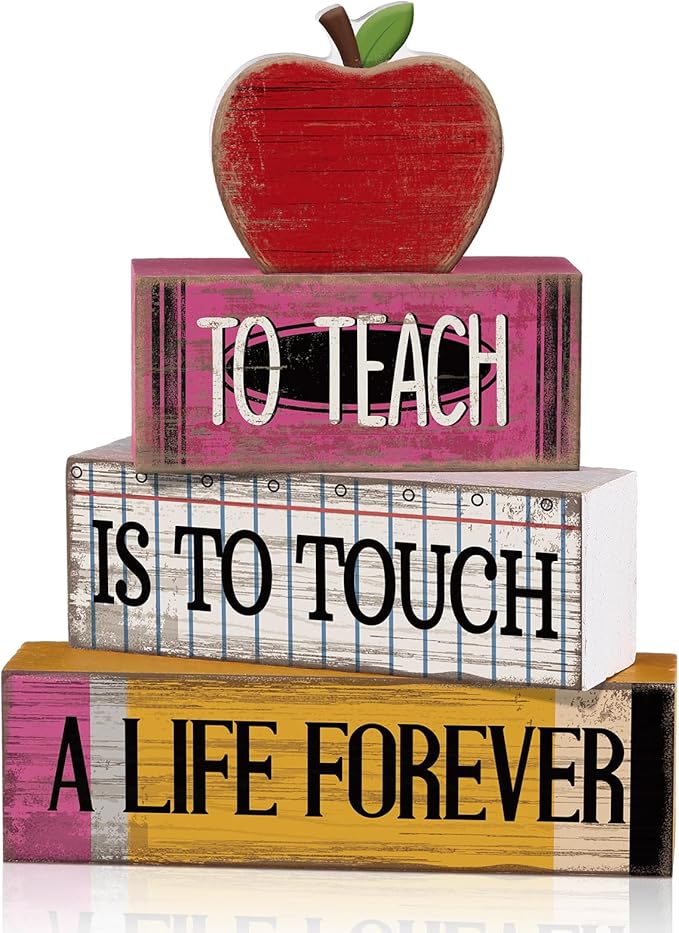Moucuny 4 Pcs Teacher Appreciation Gift Retro Red Wooden Apples Decor Wooden Stacked Block Set, "to Teach is to Touch a Life Forever" Signs with Apple Topper, Rustic Classroom Decor for Home Desk