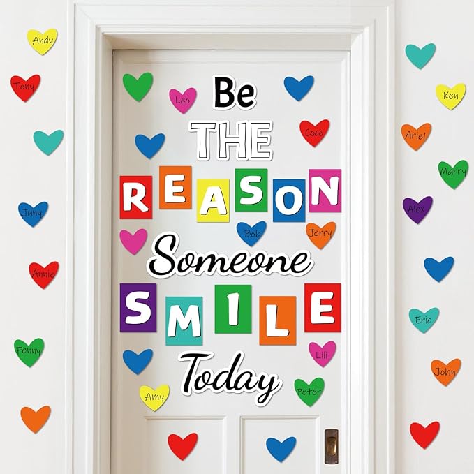 Classroom Bulletin Board Decoration Set Welcome Banner Wall Door Decor Color Heart Shaped Classroom Decorations for Kindergarten Preschool Elementary Middle School (Be The Reason Someone Smile Today)