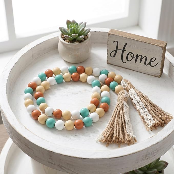 Wood Beads Garland with Tassels, 42.4in Farmhouse Rustic Style Colorful Wood Beads String, Large Antique Wooden Prayer, Boho Home Festival Decor Garland Rosary Rope