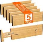Lifewit 4" High 5 Pack Bamboo Drawer Dividers 31-40cm/12-16 Adjustable Wooden Drawer Organizer for Clothes/Utensils, Expandable Drawer Separator for Dresser/Kitchen/Bedroom/Office Organization