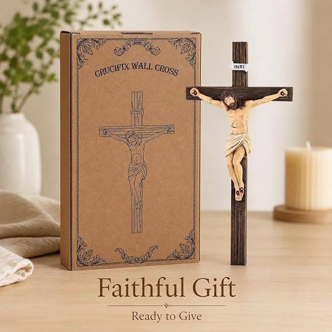 Magicsculp 10.6'' Catholic Crucifix Wall Crosses - Hand Painted Jesus on the Cross, Religious Cross Gifts on Hanging Wall for Church Home Office Baptism Decor