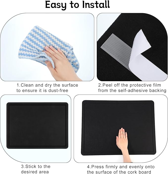 Thboxes Bulletin Board, 24" x 18" Foldable Cork Board Felt Pin Boards with 35 Pushpins Self-Adhesive Photo Decorative Felt Boards for Walls, Office, School, Classroom, Home, Bedroom - Black