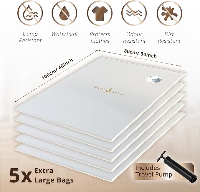 GENIE SPACE Premium Extra Large (XL) Vacuum Storage Bags – 40x30 in, Airtight, Reusable and Odor-Proof Space Saver Bags for Clothes, Bedding and Wardrobes, 5-Pack with Hand Pump