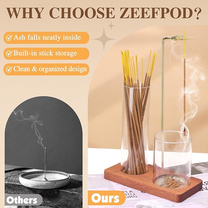 2 in 1 Incense Holder for Sticks with Glass Ash Catcher, Upside Down Anti-Ash Incense Stick Burner, Modern Vertical Incense Holder for Yoga, Spa, Meditation and Home Decor （Sqare）