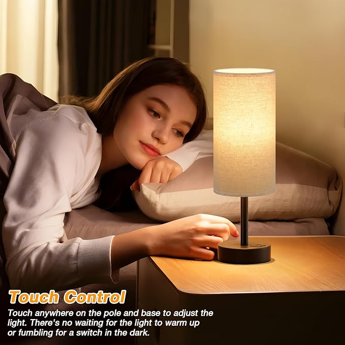 Dicoool Beige Touch Lamp for Bedroom with USB - 3 Way Dimmable Table Lamp for Nightstand, Small Lamp with Black Charging Station for Desk Dorm, Office, Nursery