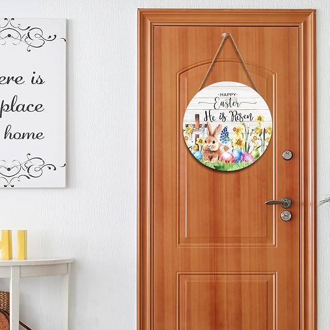 Harooni Easter Hanging Sign 12x12 Inch He is Risen Wooden Door Sign