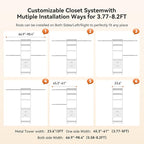 Metal Closet System, 4FT-8FT Closet Organizer System with 4 Expandable Hanging Rods and Metal Tower,79"H Walk in Closet System with 2 Drawers and Shelving,Built in Closet,Wall Mount,White